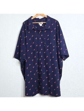 HB Men's 5XLT Navy Pink Flamingo Print Short Sleeve Button Up Shirt Big Tall